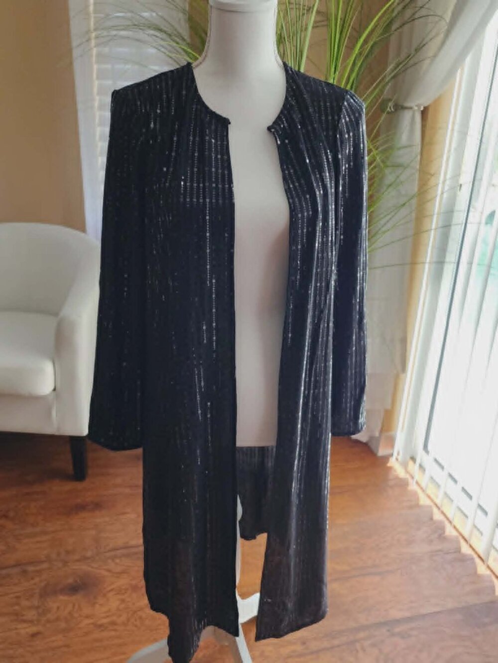 Anne Klein Long Black Sparkle Duster Cardigan
